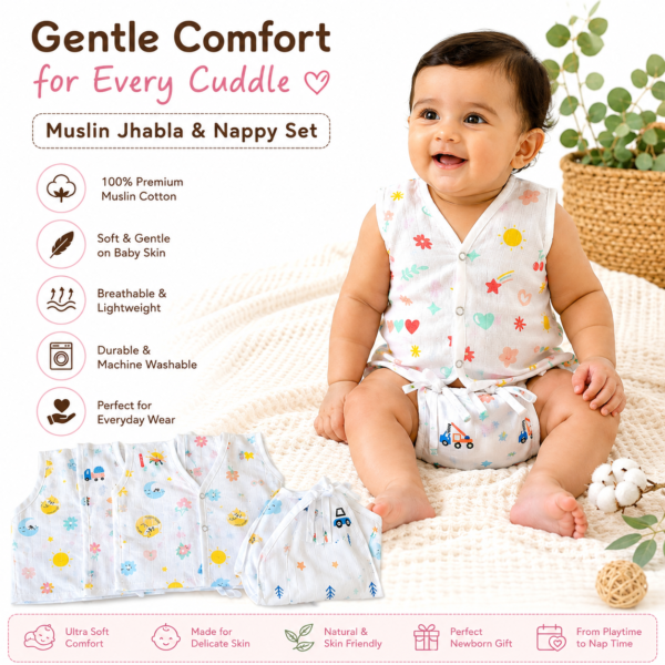 Muslin Jhabla and Nappy combo-Pack of 4