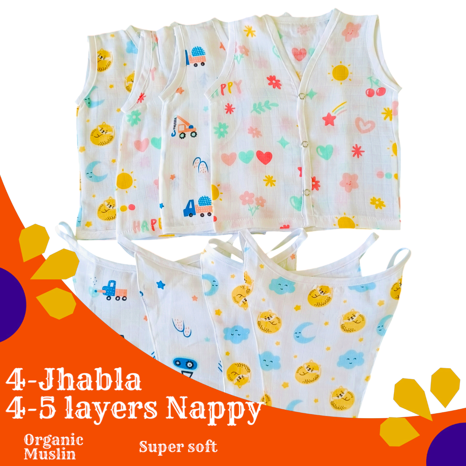 KitMik Organic Muslin Button Jhabla and 5-Layer Nappy Set – Ultra-Soft & Breathable Baby Clothing (Pack of 4 Jhabla & 4 Nappy)-Multi Print,0-3 Months - Image 3