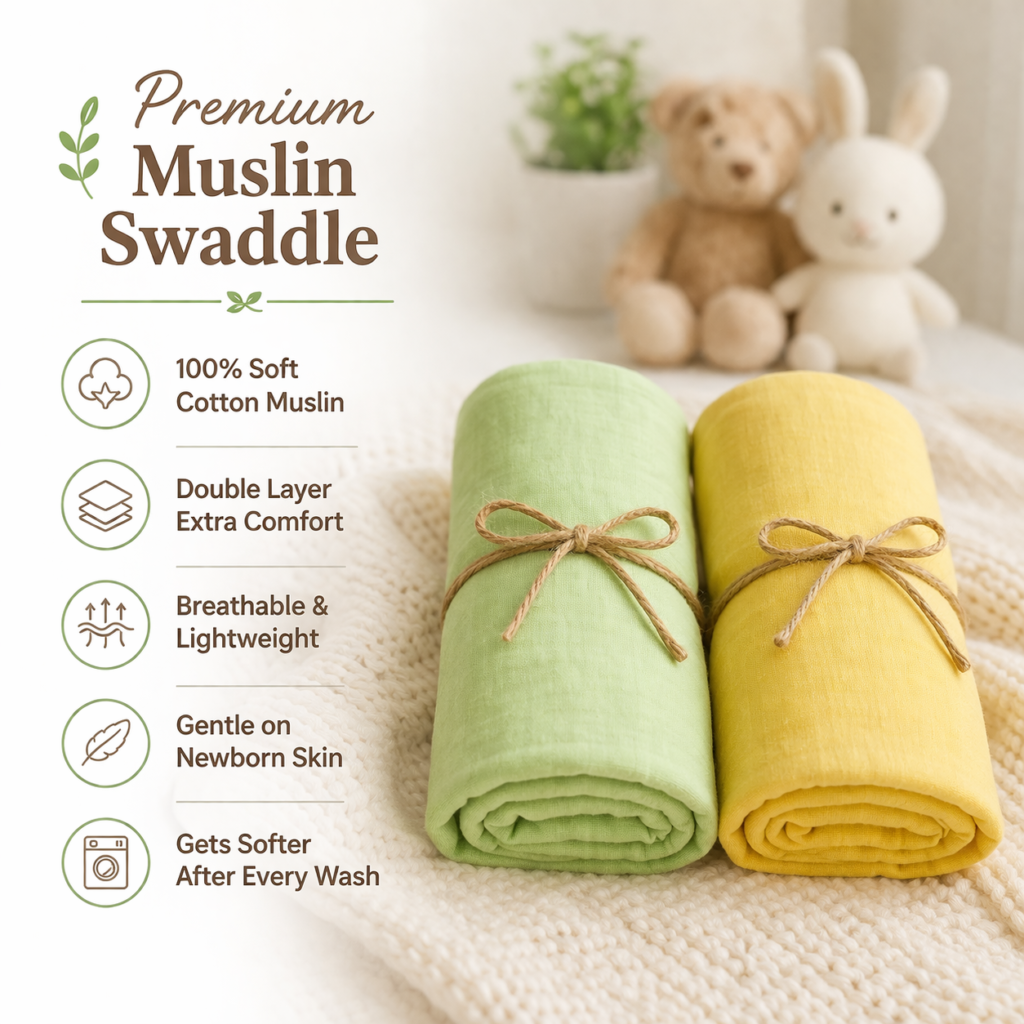 KitMik Crinkled Muslin cotton Baby Swaddle Set, Baby Towel, Size-105cm x 105 cm, 0-18 Month+, Muslin Swaddle Wrap for New Born, Pack of 3,Yellow Olive & White