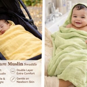 KitMik Crinkled Muslin cotton Baby Swaddle Set, Baby Towel, Size-105cm x 105 cm, 0-18 Month+, Muslin Swaddle Wrap for New Born, Pack of 3,Yellow Olive & White - Image 3