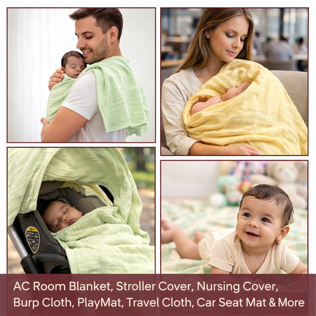 KitMik Crinkled Muslin cotton Baby Swaddle Set, Baby Towel, Size-105cm x 105 cm, 0-18 Month+, Muslin Swaddle Wrap for New Born, Pack of 3,Yellow Olive & White