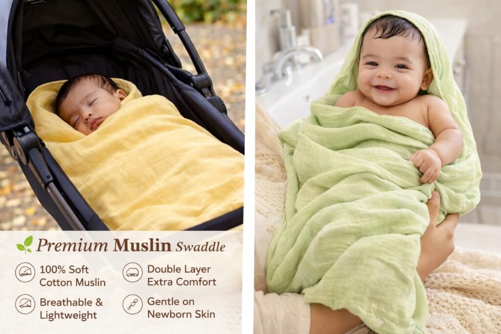 KitMik Organic Crinkled Muslin Baby Swaddle/Towel/Blanket for Infant and Toddlers Kids Boys and Girls-Green