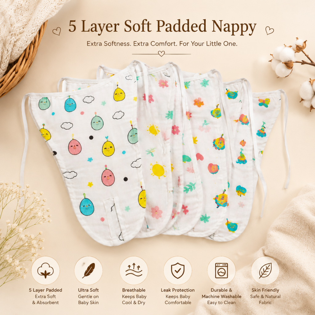 KitMik Organic Muslin Button Jhabla and 5-Layer Nappy Set – Ultra-Soft & Breathable Baby Clothing (Pack of 4 Jhabla & 4 Nappy)-Multi Print,0-3 Months