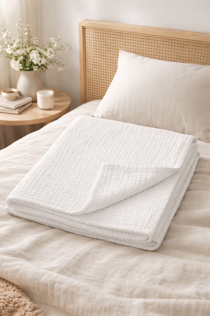 KitMik Organic Crinkled Muslin Baby Swaddle/Towel/Blanket for Infant and Toddlers Kids Boys and Girls-White