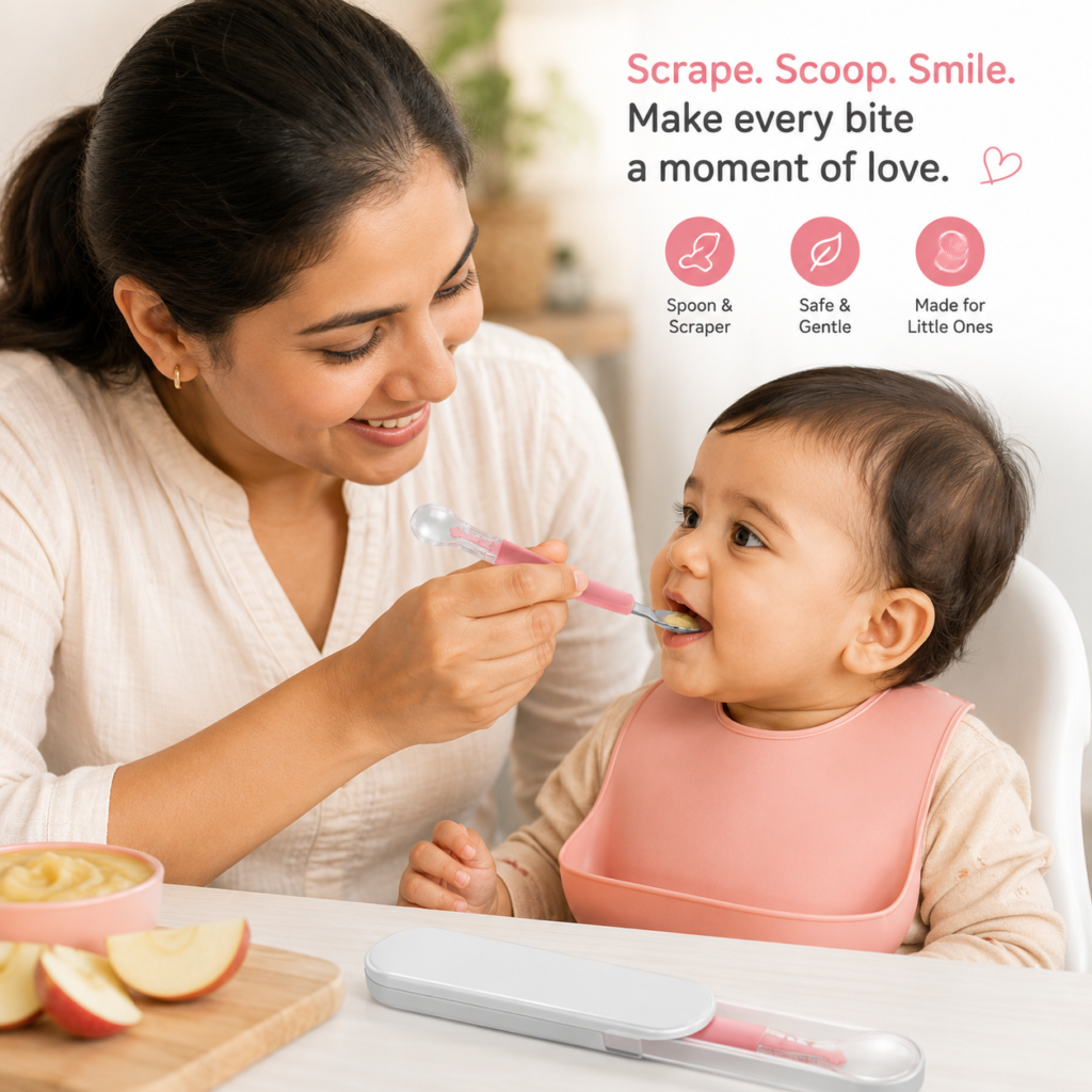 KitMik Double Side Head 2 in 1 Silicone Food Spoon, Stainless Steel Fruit Scraper for Baby & Toddler, Fruit Scraping & Feeding Spoons with Travel Case