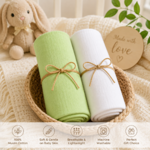 KitMik Crinkled Muslin Baby Swaddle Set, Baby Towel, Swaddle Blanket Size-105cm x 105 cm, 0-18 Month+, Muslin Swaddle Wrap for New Born, Pack of 2,White,Green - Image 3