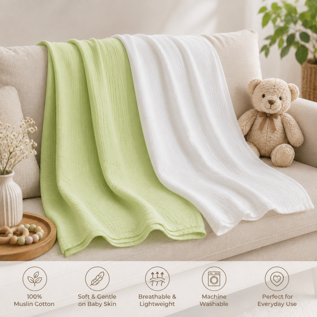 KitMik Crinkled Muslin cotton Baby Swaddle Set, Baby Towel, Size-105cm x 105 cm, 0-18 Month+, Muslin Swaddle Wrap for New Born, Pack of 3,Yellow Olive & White
