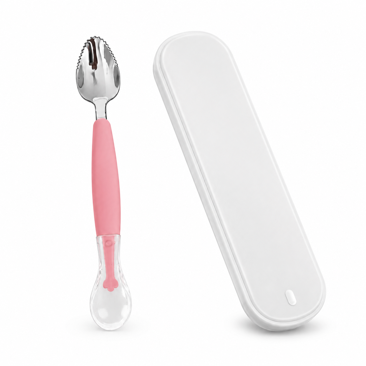 KitMik Double Side Head 2 in 1 Silicone Food Spoon, Stainless Steel Fruit Scraper for Baby & Toddler, Fruit Scraping & Feeding Spoons with Travel Case - Image 1