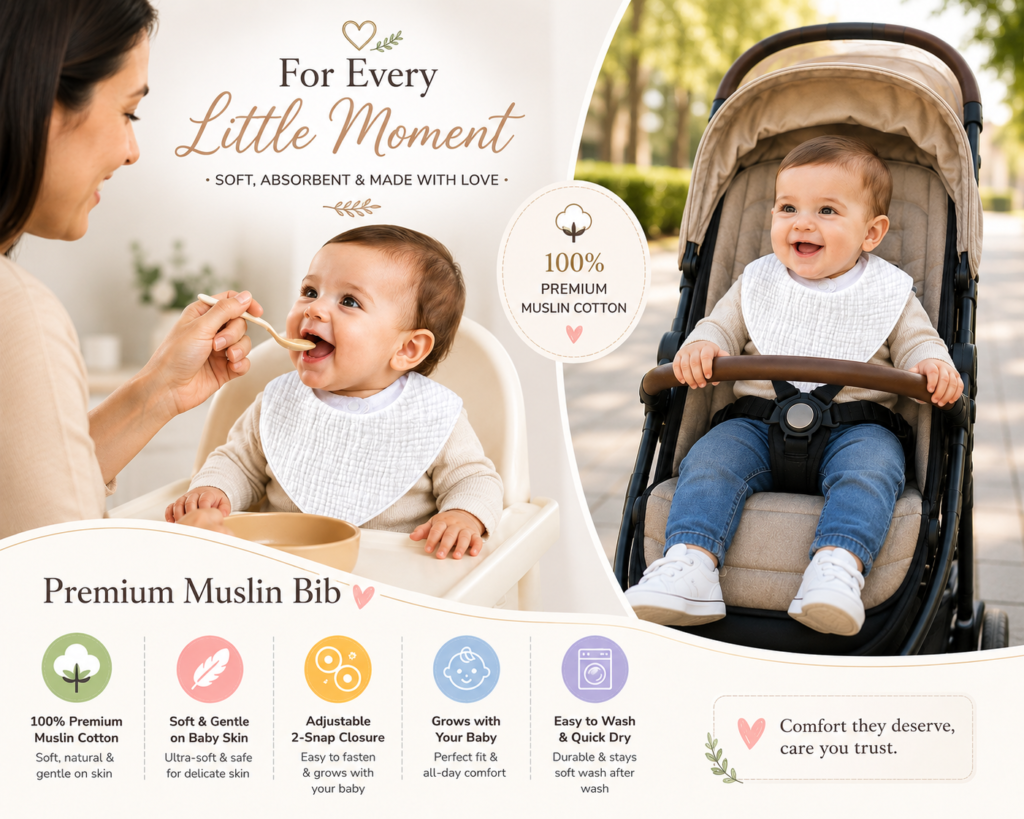 KitMik Organic Crinkled Muslin 6 layer Feeding Bib for Infant and Toddler -White