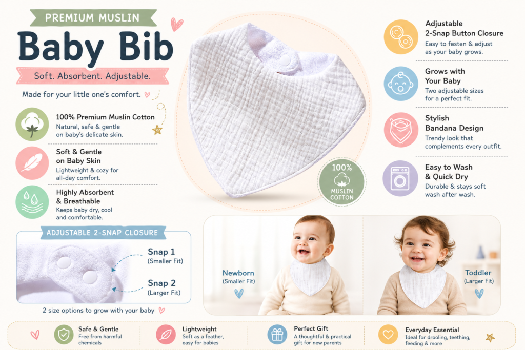 KitMik Organic Crinkled Muslin 6 layer Feeding Bib for Infant and Toddler -White