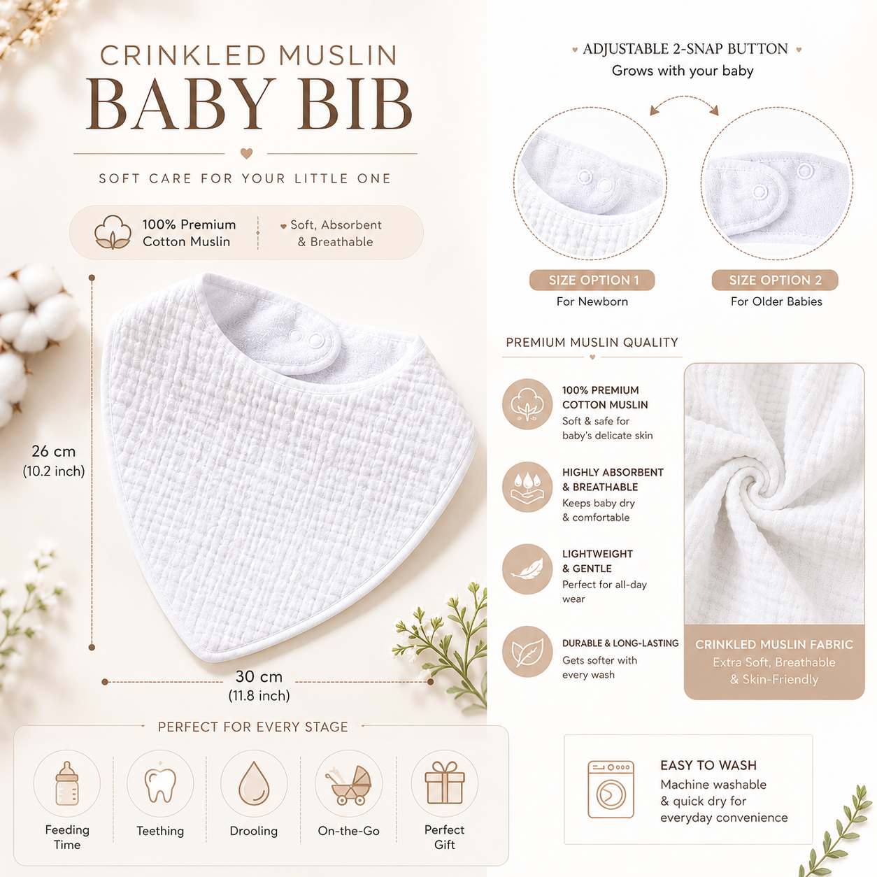 KitMik Organic Crinkled Muslin 6 layer Feeding Bib for Infant and Toddler -White - Image 4