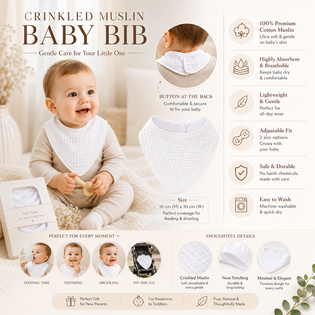 KitMik Organic Crinkled Muslin 6 layer Feeding Bib for Infant and Toddler -White - Image 5