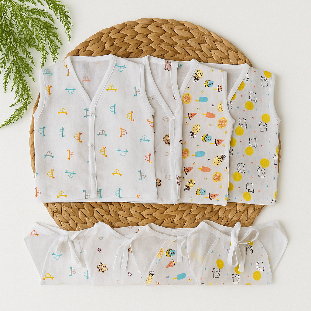 KitMik Organic Muslin Button Jhabla and 5-Layer Nappy Set – Ultra-Soft & Breathable Baby Clothing (Pack of 4 Jhabla & 4 Nappy)-Multi Print,0-3 Months