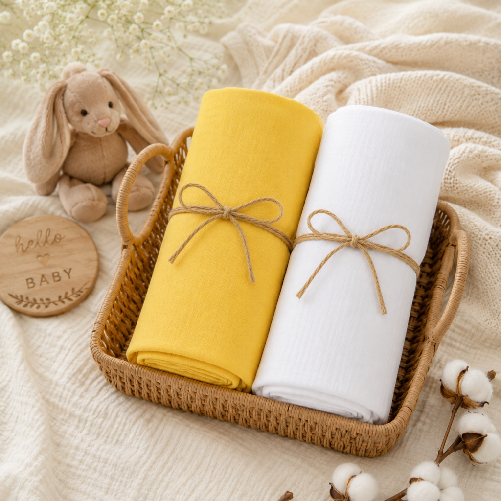 KitMik Double Layer Crinkled  Muslin Baby Swaddle Set, Baby Towel, Size-105cm x 105 cm, 0-18 Month+, Light weight Swaddle Wrap for New Born, Pack of 2,Yellow and White