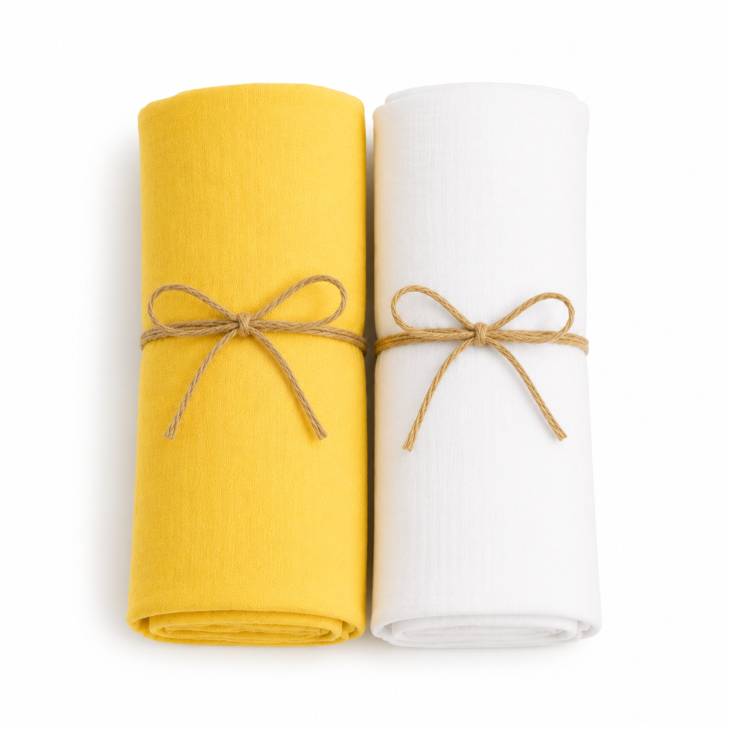 KitMik Double Layer Crinkled  Muslin Baby Swaddle Set, Baby Towel, Size-105cm x 105 cm, 0-18 Month+, Light weight Swaddle Wrap for New Born, Pack of 2,Yellow and White