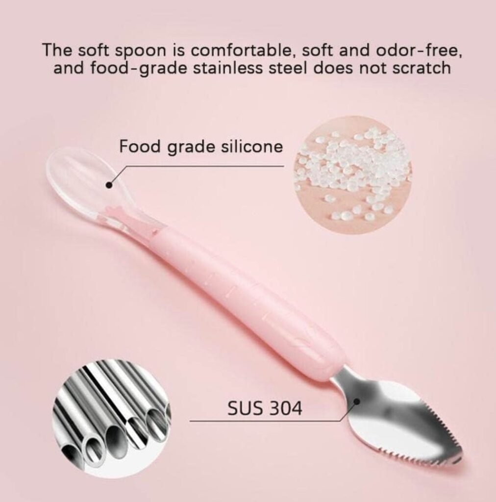KitMik Double Side Head 2 in 1 Silicone Food Spoon, Stainless Steel Fruit Scraper for Baby & Toddler, Fruit Scraping & Feeding Spoons with Travel Case