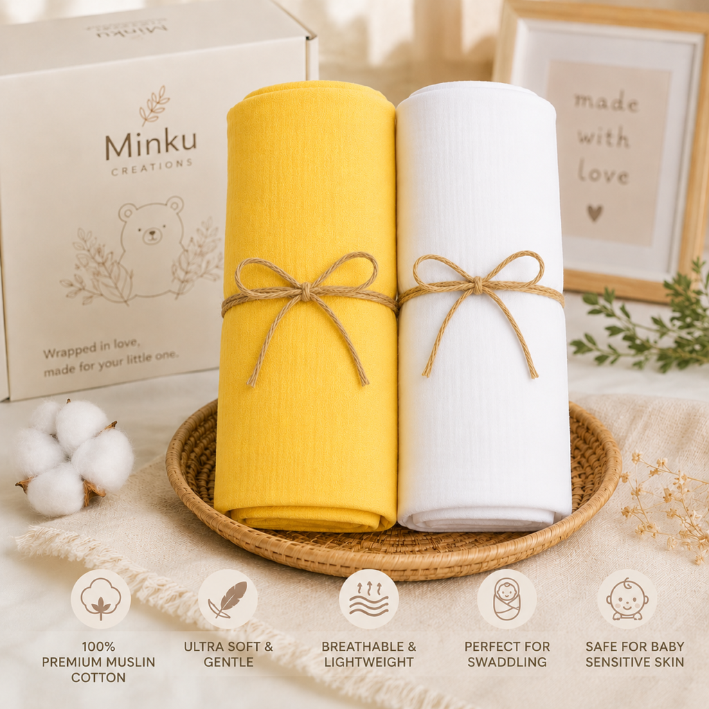 KitMik Double Layer Crinkled  Muslin Baby Swaddle Set, Baby Towel, Size-105cm x 105 cm, 0-18 Month+, Light weight Swaddle Wrap for New Born, Pack of 2,Yellow and White