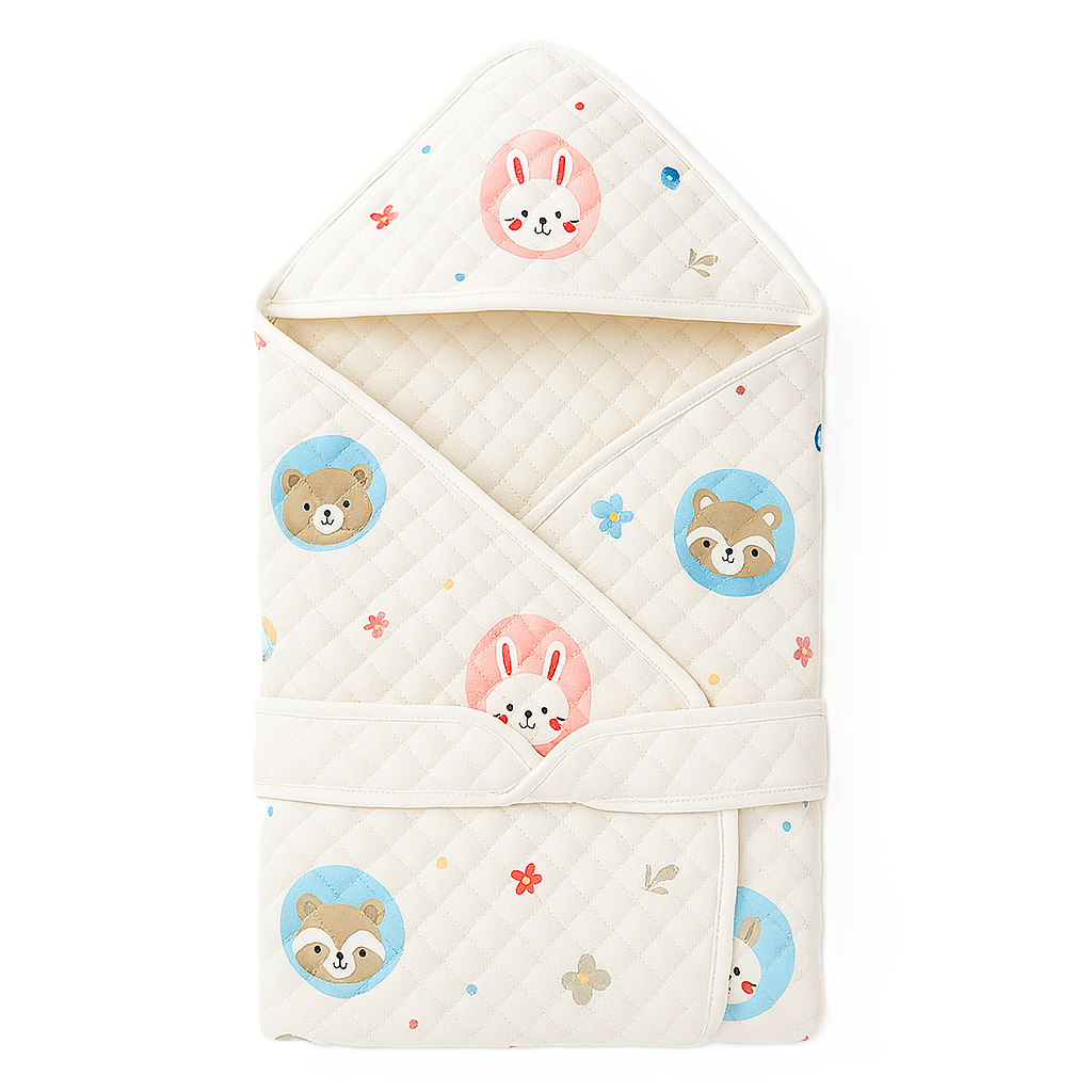 KitMik Muslin Knitted Cotton Blanket/Baby Towel Wrapper with Belt, White, Random Print, 80x80 cm, Pack of 1
