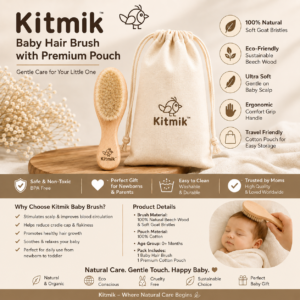 KitMik Natural Wooden Baby Hair Brush – Soft Natural Bristle Baby Brush for Scalp Health & Cradle Cap Treatment - Image 2