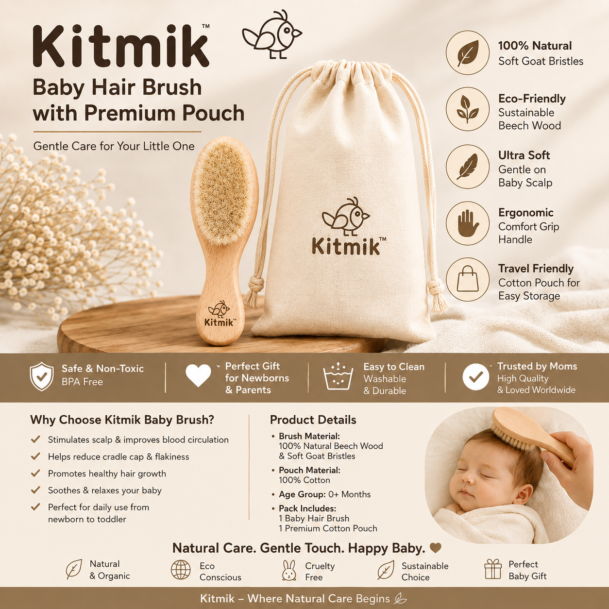 KitMik Natural Wooden Baby Hair Brush – Soft Natural Bristle Baby Brush for Scalp Health & Cradle Cap Treatment - Image 2