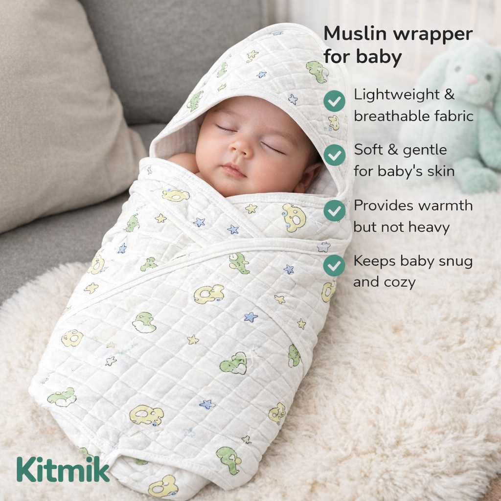 KitMik Muslin Knitted Cotton Blanket/Baby Towel Wrapper with Belt, White, Random Print, 80x80 cm, Pack of 1