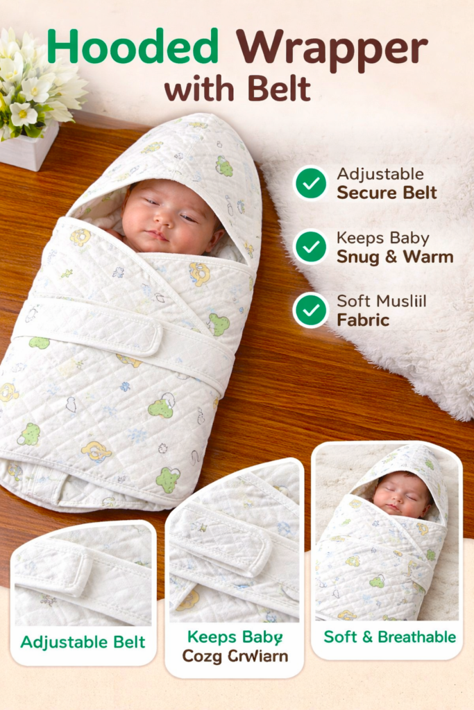 KitMik Muslin Knitted Cotton Blanket/Baby Towel Wrapper with Belt, White, Random Print, 80x80 cm, Pack of 1