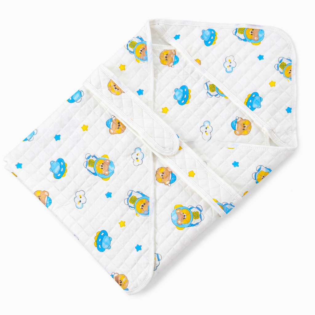 KitMik Muslin Knitted Cotton Blanket/Baby Towel Wrapper with Belt, White, Random Print, 80x80 cm, Pack of 1